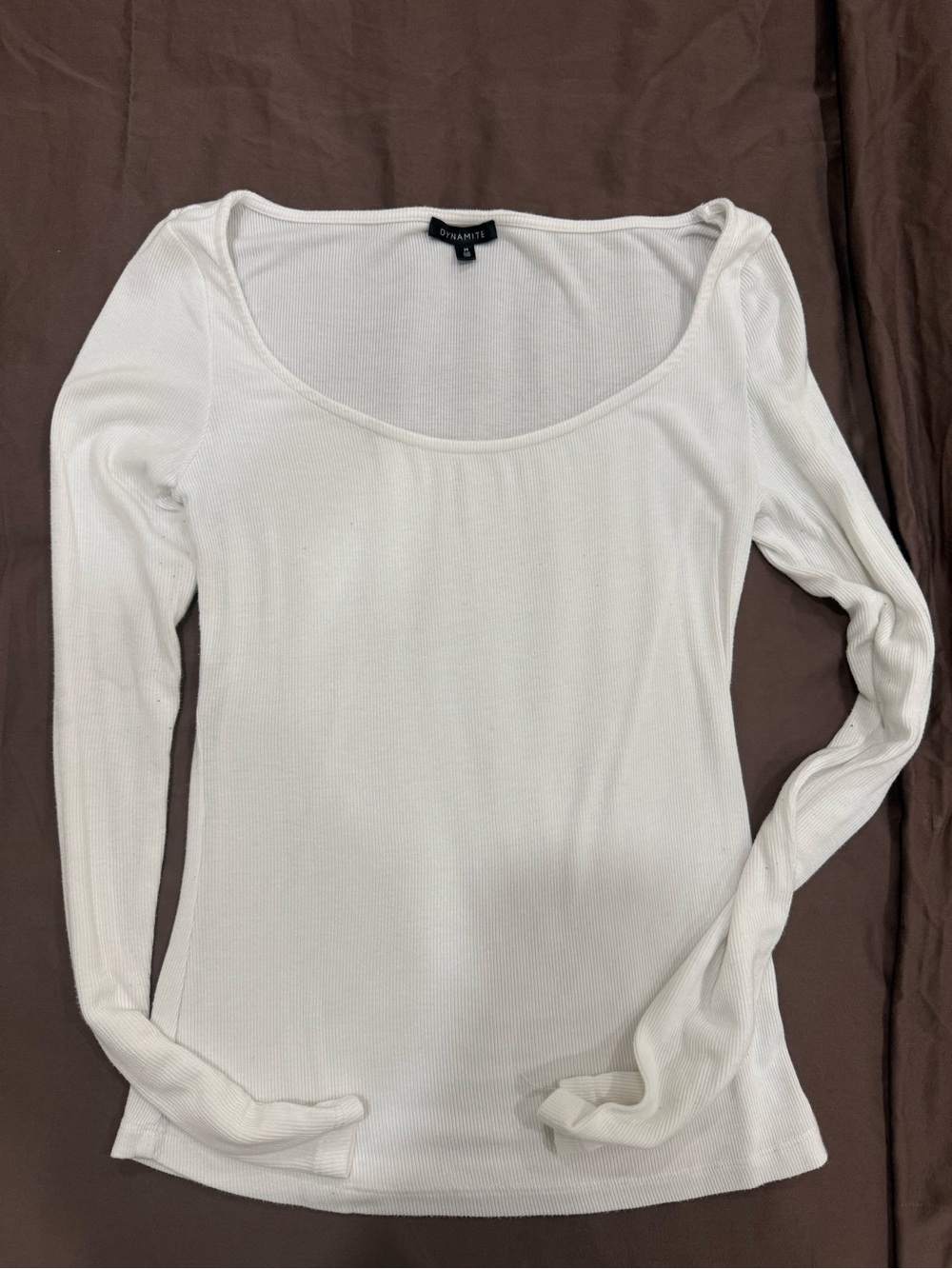 Dynamite White Ribbed Scoop-Neck Long Sleeve Top